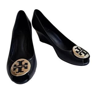 Tory Burch Black Leather Wedges Peep Toe with Silver Accents